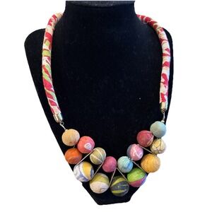 Kantha Necklace Orb Brad Hand Painted Statement Fair Trade India 25" Bib Artisan
